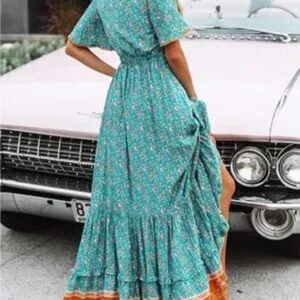 Floral Teal and Orange Maxi Dress boho maxi - Picture 5 of 5